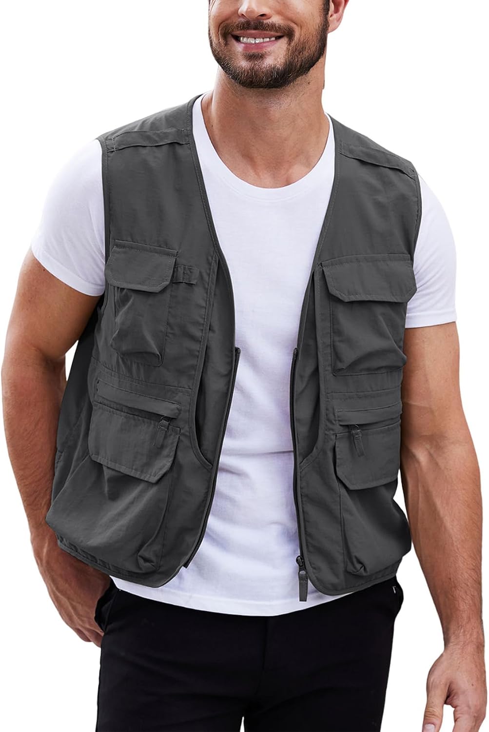 Gihuo Men's Utility Fishing Vest Lightweight Outdoor Work Safari Travel Cargo Vest with Multi-Pockets