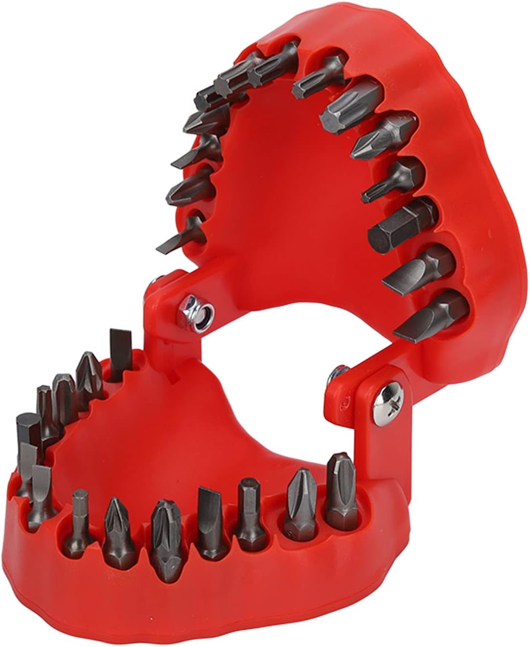 Denture Drill Bit Holder, 28 Holes with 28 Pieces of Drill Bits, Teeth Shape Design, Fully Open, Firmly Holding, ABS Material Organizing Holder for Neat and Easy Access (Red)