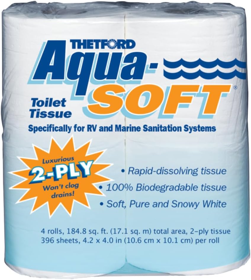 Thetford Aqua-Soft Toilet Tissue - Toilet Paper for RV and marine - 2-ply - Thetford 03300 (Pack of 4 rolls) , White