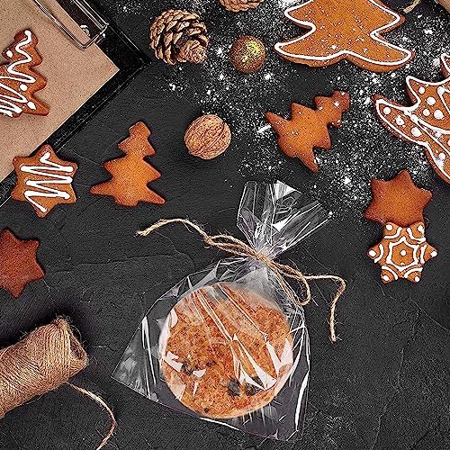 MoloTAR 200 Pcs 10 in x 6 in(1.4mil.) Clear Flat Cello Cellophane Treat Bags Good for Bakery, Cookies, Candies,Dessert with five random color Twist Ties!