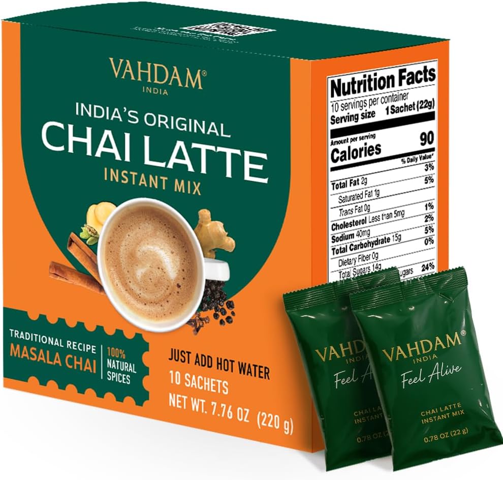 VAHDAM Instant Chai Latte - 10 Sachets (7.7 Oz / 220g) | Authentic Indian Chai with Natural Spices | Just Add Water, No Steeping Required | Creamy Chai Latte Anytime