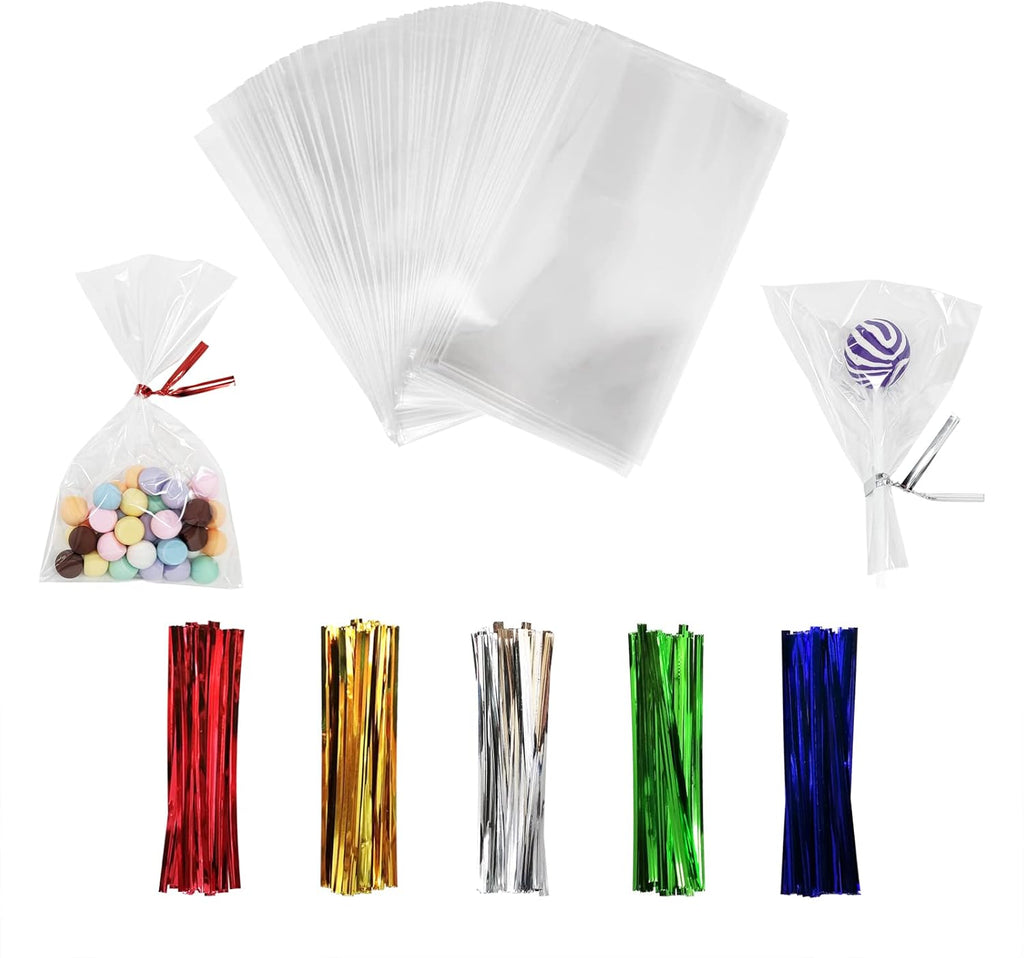 100PCS Cellophane Bags 3x5 inches, Clear Treat Bags with 4’’ Twist Ties, Plastic Cello Bags - 1.4 mils Thick OPP Rice Crispy Bags for Gift Goodie Favor Candy Cake Pop Birthday Party Cookies (3’’ x 5’’)