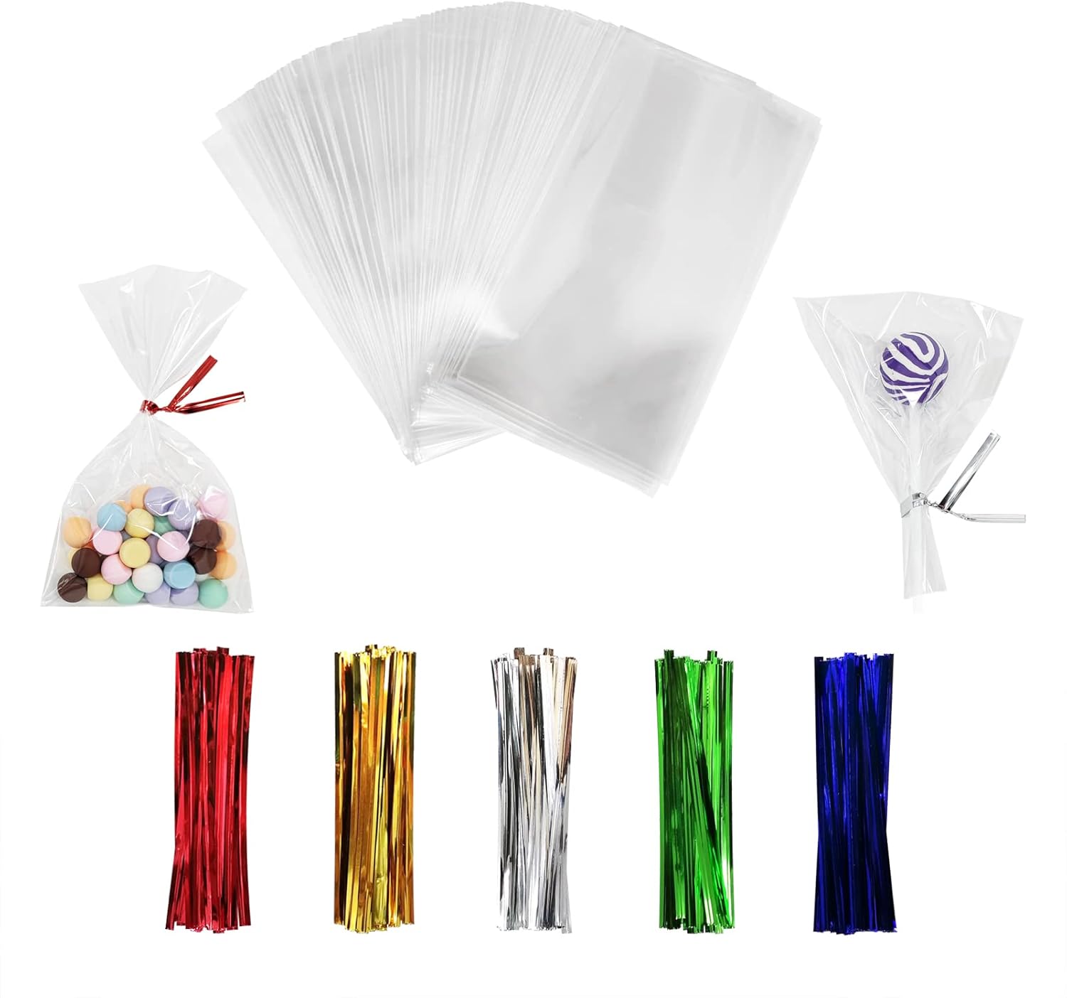 100PCS Cellophane Bags 3x5 inches, Clear Treat Bags with 4’’ Twist Ties, Plastic Cello Bags - 1.4 mils Thick OPP Rice Crispy Bags for Gift Goodie Favor Candy Cake Pop Birthday Party Cookies (3’’ x 5’’)