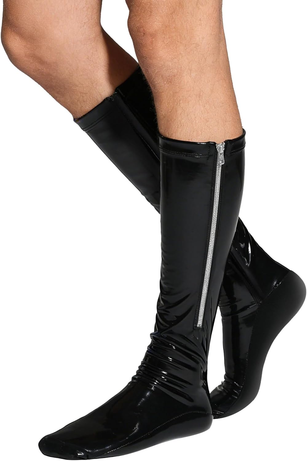Men Faux Leather Wet Look Short Socks Shiny Metallic Zipper Vinyl Stretchy Party Clubwear