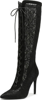 Women Lace Knee High Boots Pointed Toe Stiletto High Heel Elegant Sheer Mesh Fashion Boots