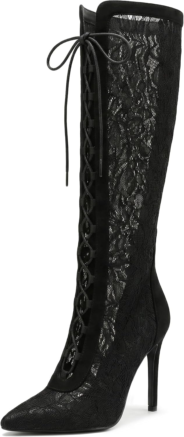 Women Lace Knee High Boots Pointed Toe Stiletto High Heel Elegant Sheer Mesh Fashion Boots