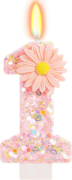 Pink Daisy Flower Number 1 Candle with Tray - Fairy First Birthday Decorations for Girls, 2.76 Inch Glitter Cake Topper for Princess & Garden Parties