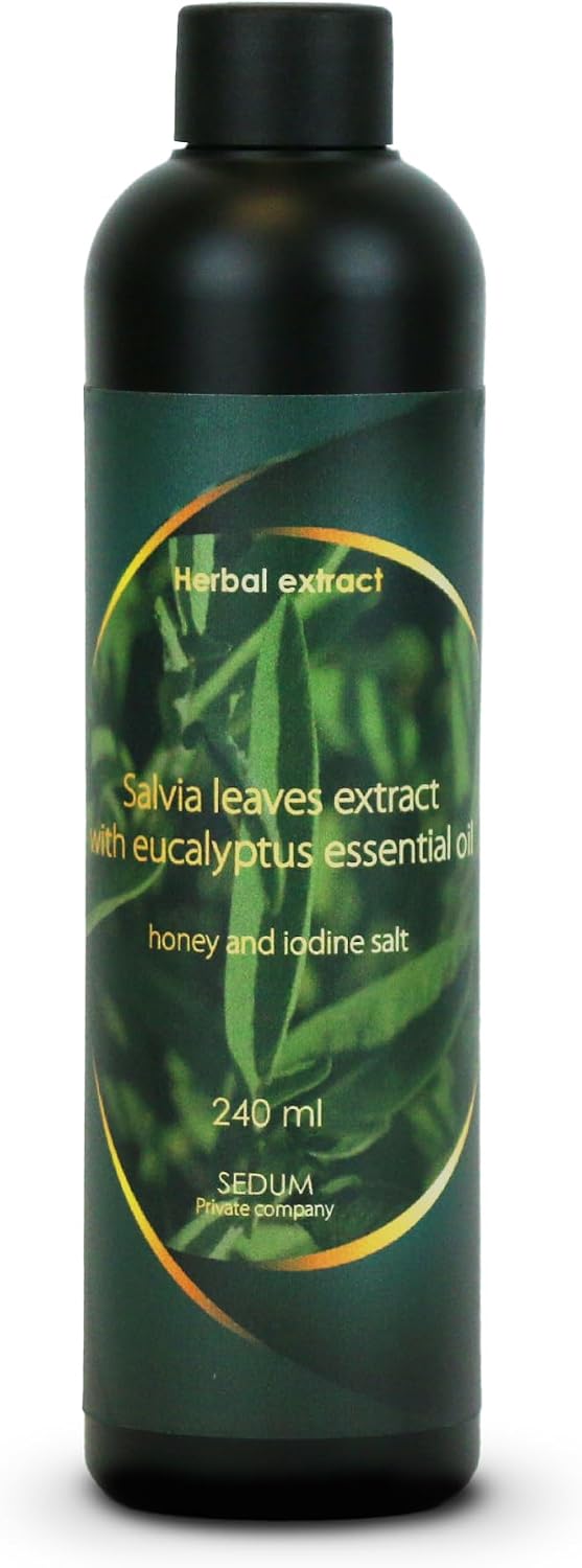 Sedum Natural Herbal Extract for Sauna, Massage, Broom Soaking - Sauna Infusion with Salvia Leaves Extract with Eucalyptus Essential Oil, Honey and Iodine Salt - 240ml