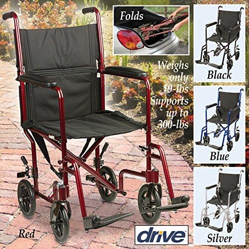 Drive Medical Deluxe Lightweight Aluminum Transport Wheelchair, Black, 17"