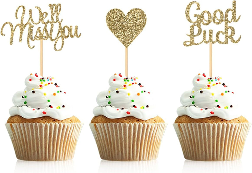 24 Pieces Light Gold Glitter We Will Miss You Cupcake Toppers Good Luck Heart Cake Picks for Going Away Party Table Decorations
