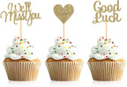 24 Pieces Light Gold Glitter We Will Miss You Cupcake Toppers Good Luck Heart Cake Picks for Going Away Party Table Decorations