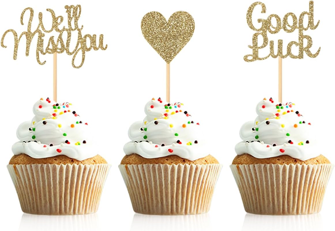 24 Pieces Light Gold Glitter We Will Miss You Cupcake Toppers Good Luck Heart Cake Picks for Going Away Party Table Decorations