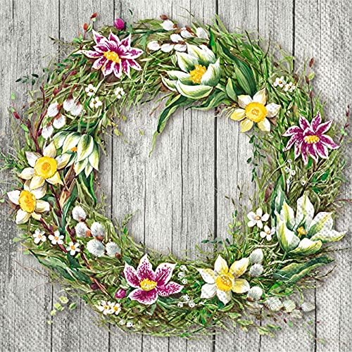 Boston International IHR 3-Ply Paper Napkins, 20-Count Lunch Size, Spring Wreath Grey