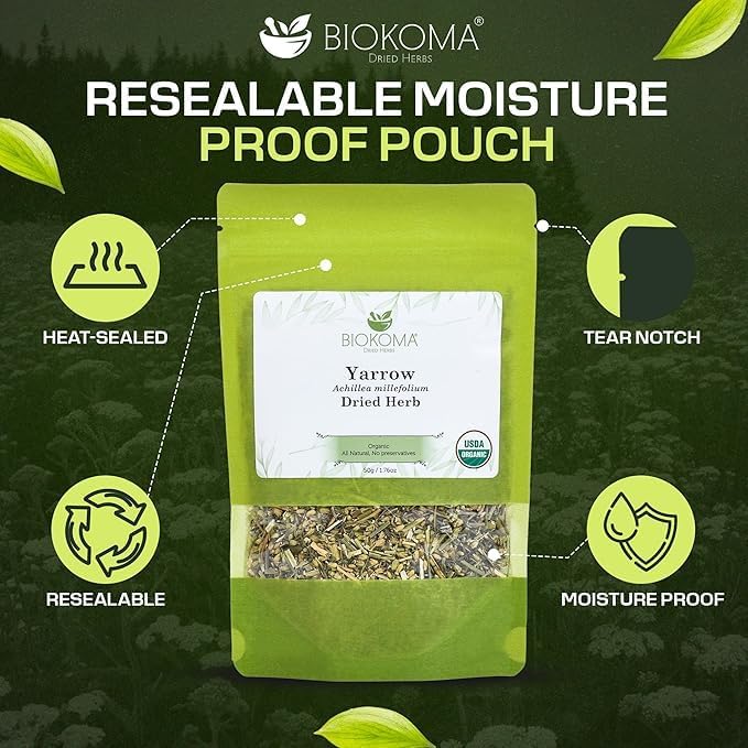 Biokoma Organic Yarrow Dried Herb 50g 1.76oz Dried Loose Achillea Millefolium Digestion Skin Health Support USDA Organic Caffeine Free Herbal Tea Resealable Pouch Pure No Preservatives No GMO Kosher