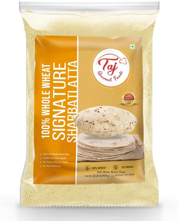 TAJ Signature Sharbati Atta 2-Pounds | Chakki Atta - Stone Ground 100% Whole Wheat Flour, Chappati Flour | No Mix