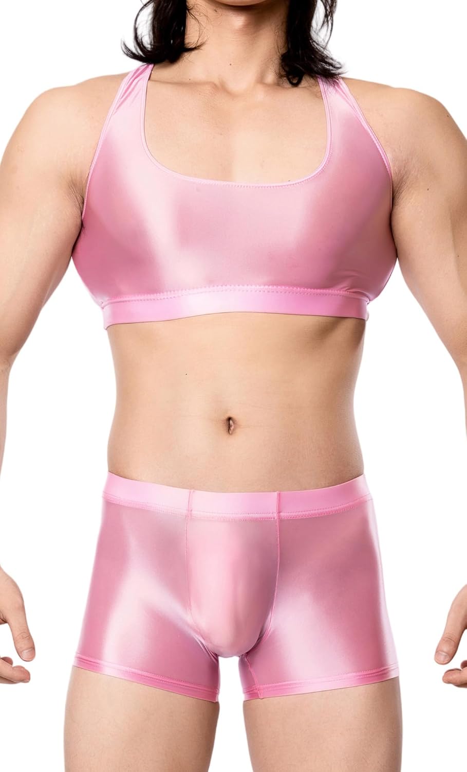 Men's Sexy Sleeveless Tank Top Oil Glossy Sissy Sheer Crop Top Workout Shiny Half Tops with Boxer Shorts Set