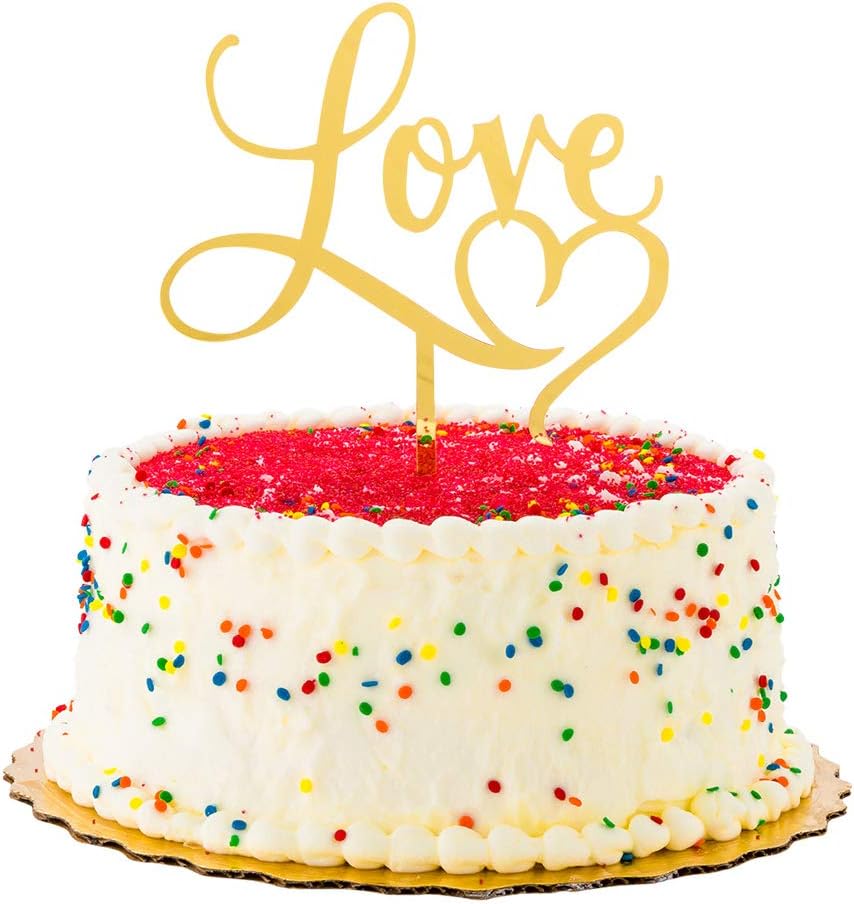 Restaurantware-Love Cake Topper, 1 Mirrored Love Topper For Cake - For Valentine's Day, Anniversaries, Or Bridal Showers, Cake And Party Decoration, Gold Acrylic Heart Wedding Cake Topper