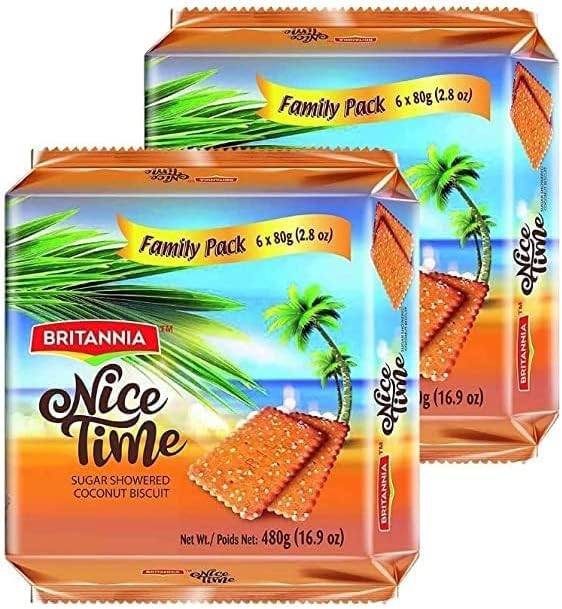 Britannia Nice Time 16.9oz (480g) - Delicious Coconut Biscuit Crunchy - Kids Favorite Breakfast & Tea Time Snacks (Pack of 2)