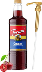 Torani Cherry Coffee Syrup 1 Liter Bottle with Pump Dispenser – Flavored Syrup for Lattes, Teas, Cocktails, Lemonades & Desserts – Premium Coffeehouse Quality Drink Syrup