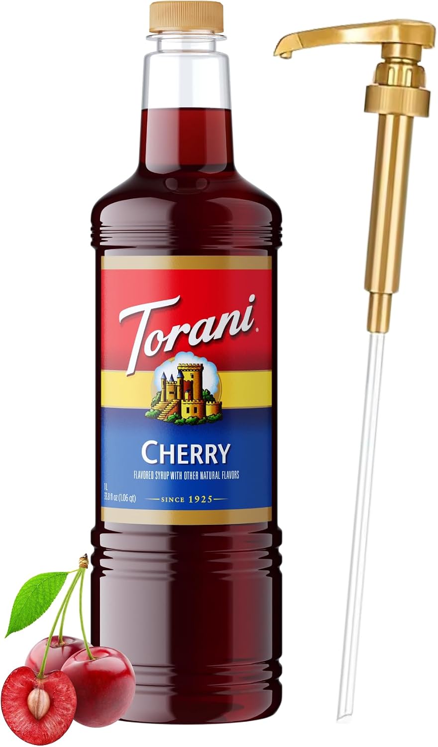 Torani Cherry Coffee Syrup 1 Liter Bottle with Pump Dispenser – Flavored Syrup for Lattes, Teas, Cocktails, Lemonades & Desserts – Premium Coffeehouse Quality Drink Syrup