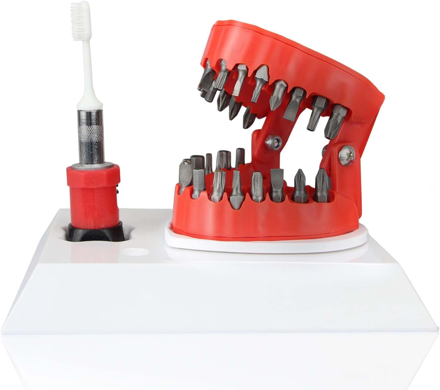 Denture Drill Bit Holder with Base, Mouth Bit Holder, 3D Sculpture Desk Gadget, Denture Drill Bit Holder with 28PCS 1/4” Hex Bit, 3-in-1 Screwdriver, Bit Holder& Desk Decor