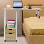 Overbed Table with Wheels, Movable Bedside Table, Height Adjustable Over Bed Desk, Foldable Rolling Laptop Desk with Drawers & Storage Shelve, for Bedroom, Living Room, Office (Light Wood)
