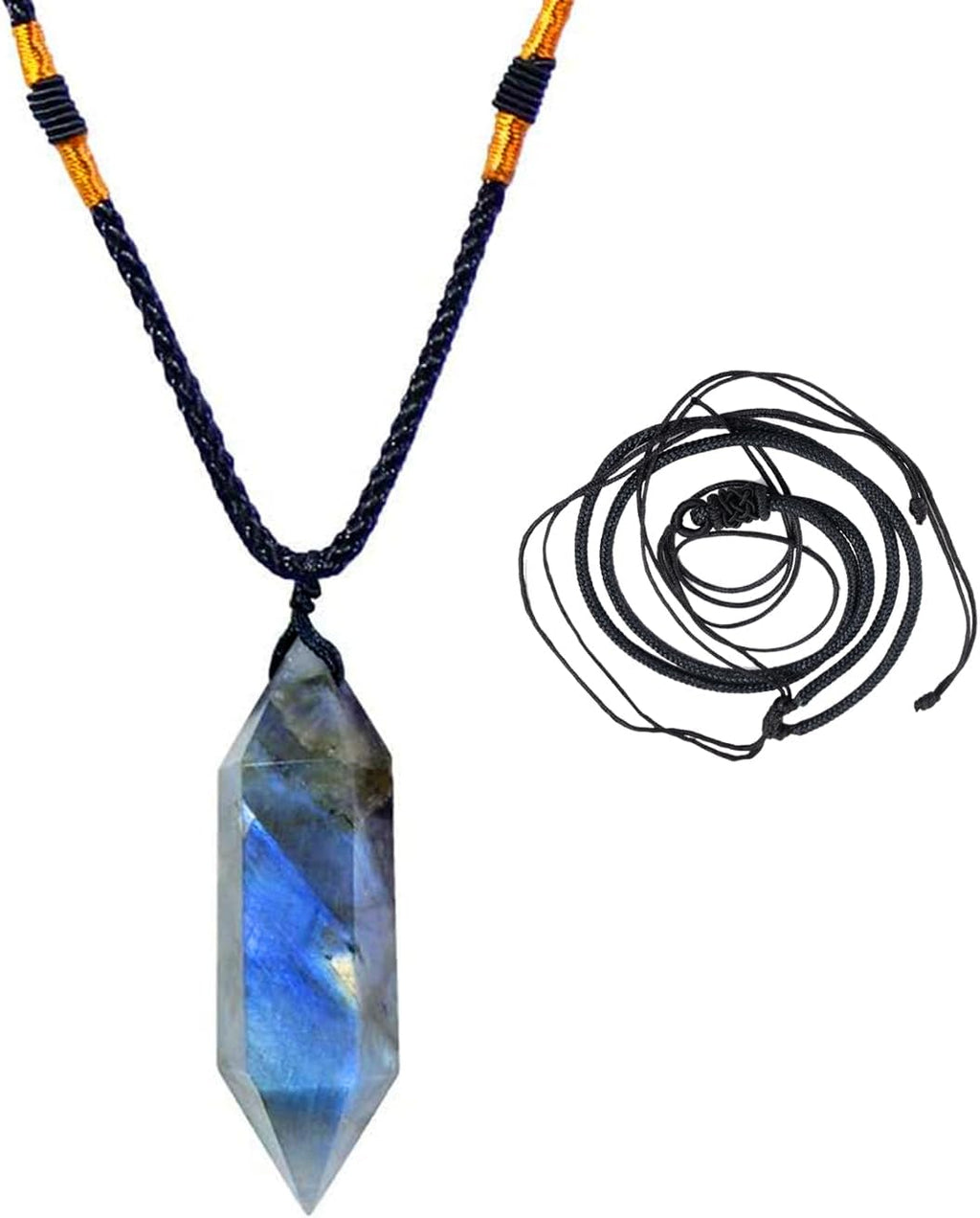 Runyangshi Labradorite Healing Crystal Pendants, Double Pointed Natural Crystal Quartz Necklace 6 Faceted Chakra Crystal Wand Stone