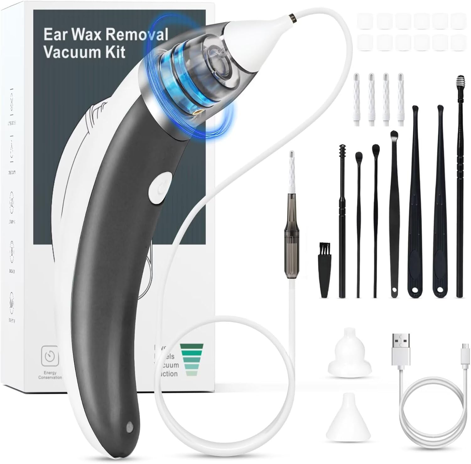 Ear Vacuum Ear Wax Removal Kit with 5 Levels Strong Suction, USB Rechargeable Reusable Electric Ear Suction Vacuum Tool for Adults and Kids (Dark Gray)