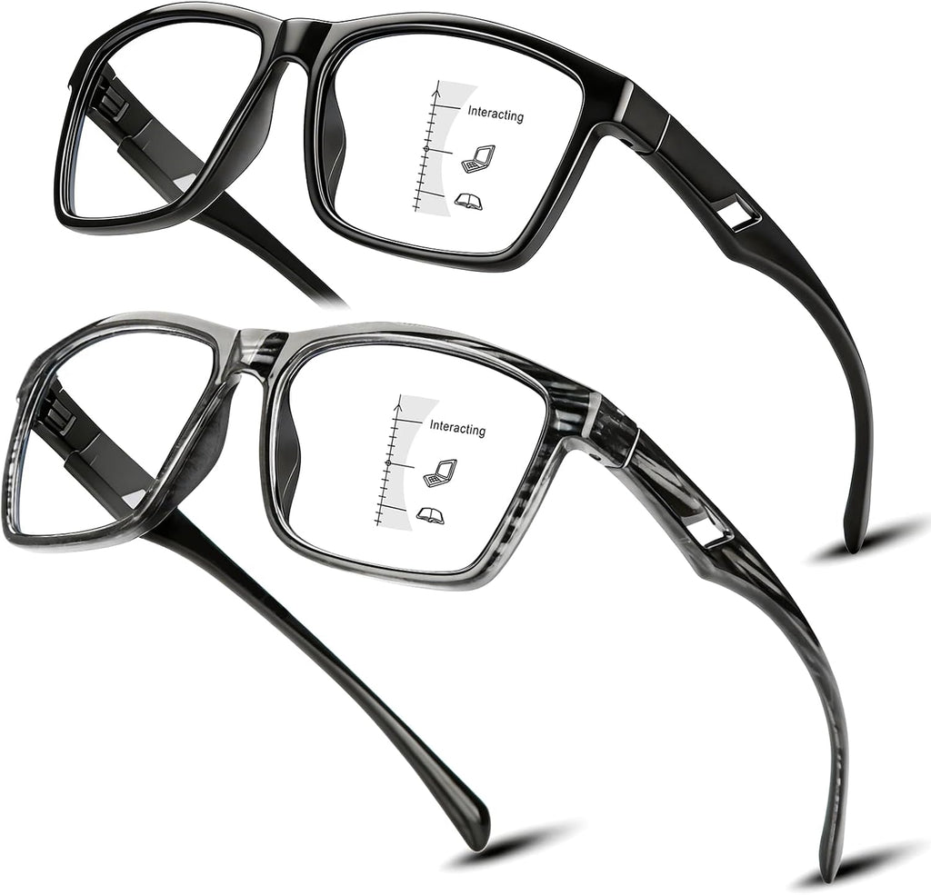SKYOAK 2 Pack Ultralight Progressive Multifocus Reading Glasses for Men, Executive TR90 Computer Readers Spring Hinge Blue Light Blocking, Near-Mid Vision Multifocal Eyeglasses UV400 Protection, +2.5