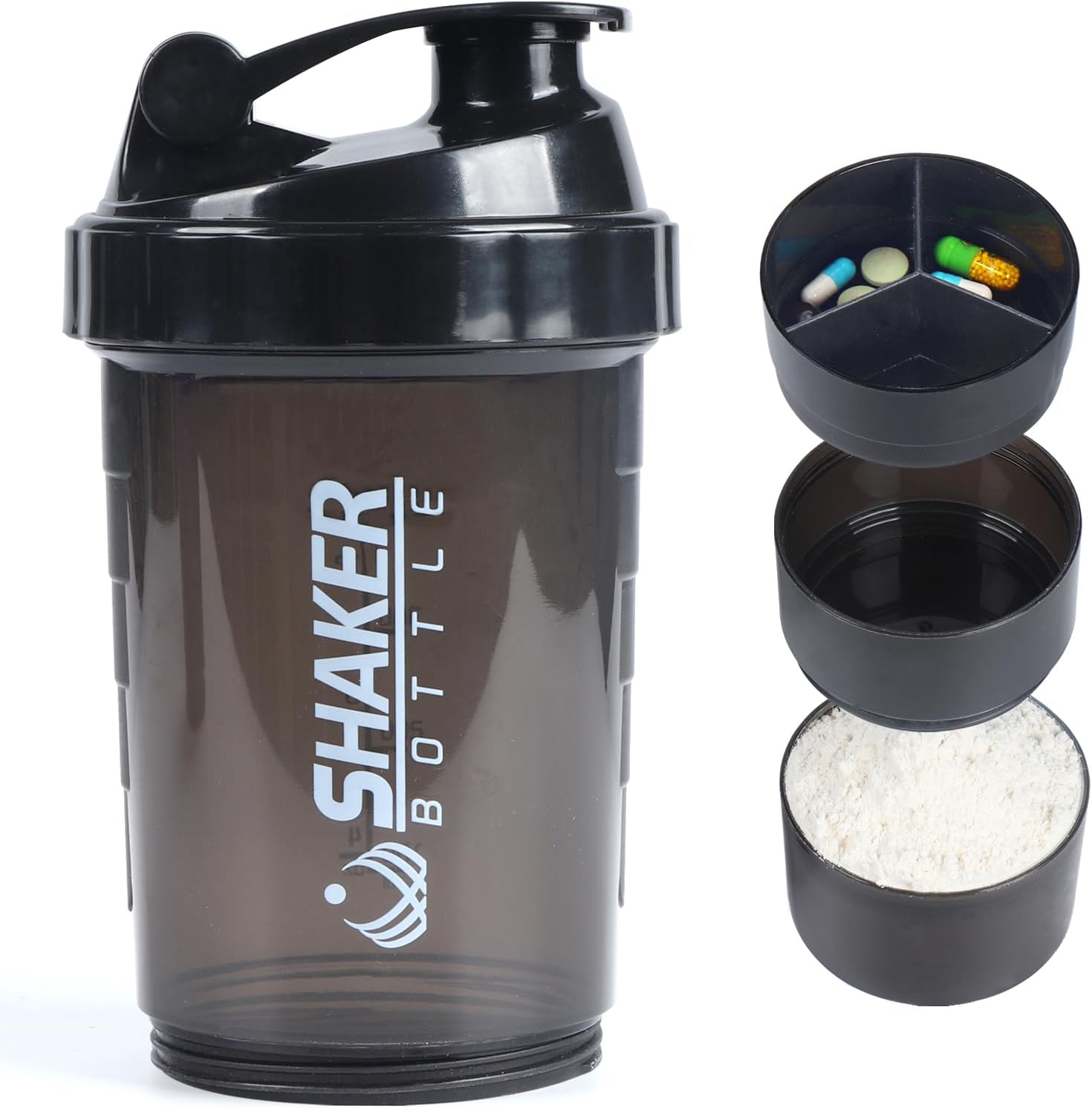 Protein Shaker Bottle,Sports Water Bottle,Leak Proof Shake Bottle For Protein Mixer- Non Slip 3 Layer Twist Off 3oz Cups with Pill Tray - Protein Powder 16 oz Shake Cup with Storage,Black