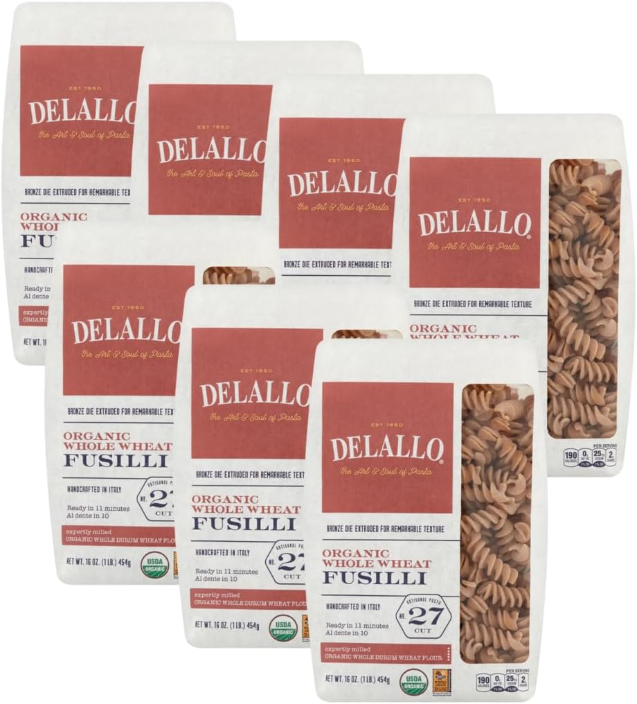 DeLallo Whole Wheat Fusili Pasta, 1 Pound Bag, 7 Pack, 100% Organic, Whole Grain