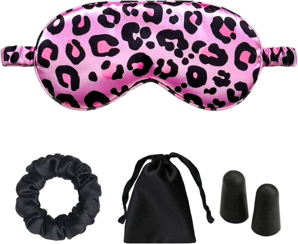 Leopard Print Sleep Eye Mask for Women & Men, Cheetah Print Satin Eye Mask for Sleeping, Light Blocking Blindfold for Deep Sleep, Nap, Travel, Pink Leopard Eye Cover for Side Sleepers