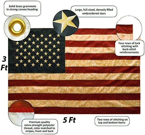 ANLEY Vintage Style Tea Stained American Flag 3x5 Foot - Embroidered Stars and Sewn Stripes - 4 Rows of Lock Stitching - Antiqued US National Banner Flags with Brass Grommets 3 X 5 Ft