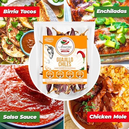 Guajillo Chiles Peppers Dried Whole 4 oz – Natural and Premium. Great For Mexican Recipes Like Mole, Tamales, Salsa, Meats. Mild to Medium Heat, Complex Fruity Flavor. Resealable Bag