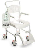 Etac Clean Rolling Shower Chair for Elderly and Disabled – Commode Chair Adjustable Height, Ergonomic, Removable Armrests, Footrest & Pan Holder – Slim Design Fits Through Doorways & Easy-to-Clean