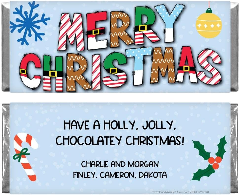 Merry Christmas Fun Graphic Letters Candy Bar Wrapper - set of 36
