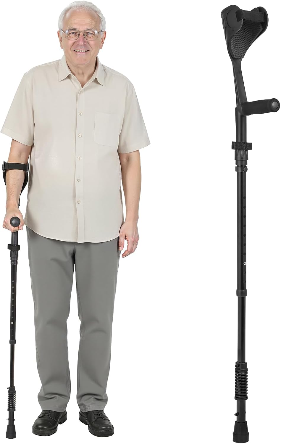 Ergonomic Forearm Crutches Spring Assist Crutches for Adults,Comfortable and Height Adjustable Arm Crutches Forearm with Anti-Slip Base,Walking Crutches with Cuffs, Not a Pair (Black)