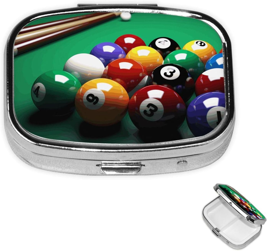 Pill Box 2 Compartment Metal Medicine Pill Organizer Billiards Pill Case for Purse or Pocket Cute Mini Portable Pill Holder Travel Pill Container to Hold Supplements, Vitamins, Fish Oil