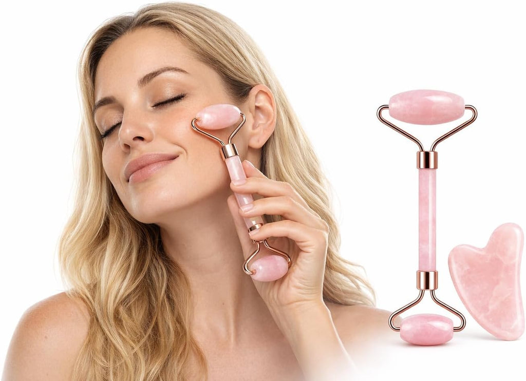 Face Roller & Gua Sha Set for Facial Massage, Reduce Puffiness & Wrinkles, Cooling Skin Care Tool for Face Neck Eyes, Relaxing Self Care Beauty Gift