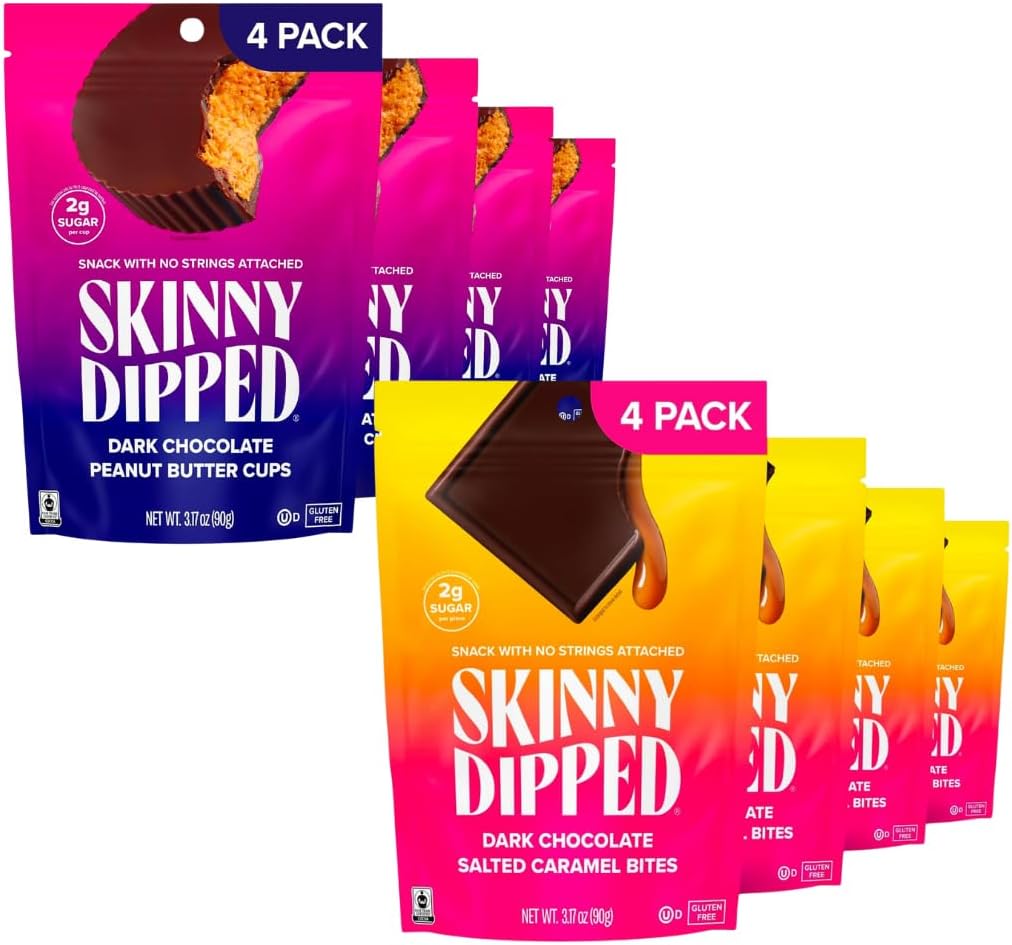 SkinnyDipped Dark Chocolate Salted Caramel Bites, & SkinnyDipped Dark Chocolate Peanut Butter Cups, 2g Sugar per Piece, Keto Friendly, Low Calorie Gluten Free, 4 Pack Bundle
