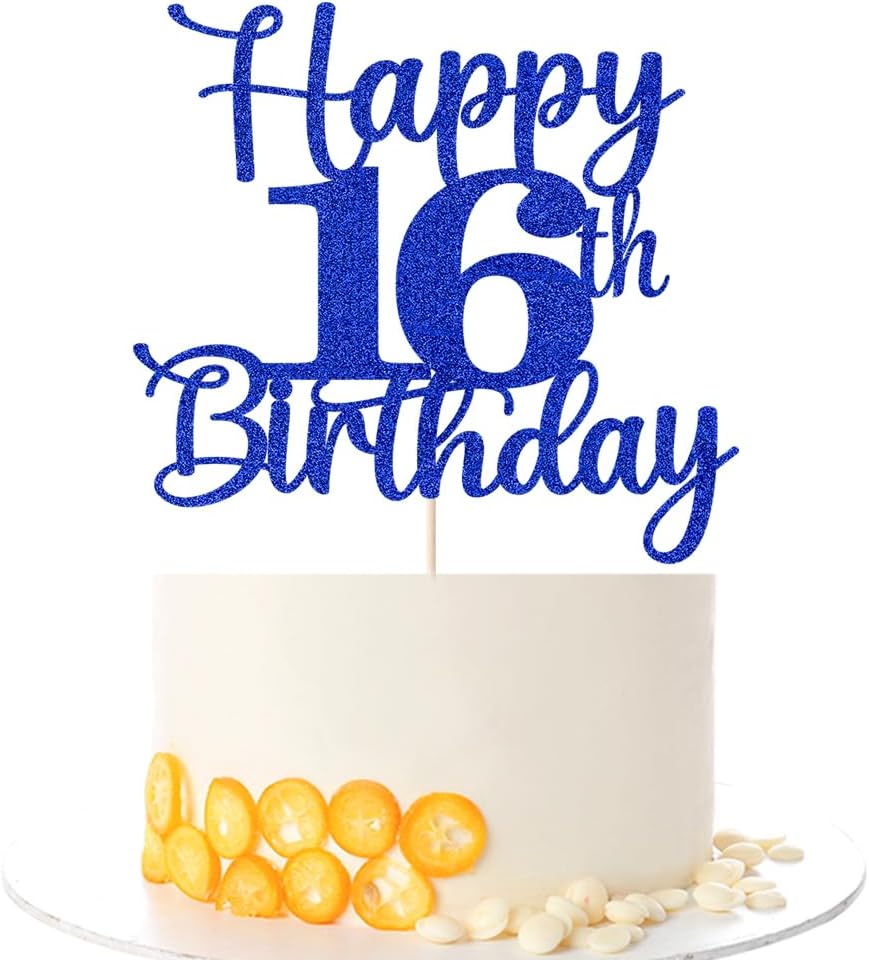 Kaoenla Glitter Happy 16th Birthday Cake Topper,Hello 16，Cheers to 16 Years,16th Anniversary /16 years old birthday Party Deco(16th, blue)