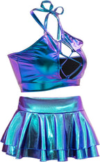 Women's Rave Outfit Sets For Women Festivals 2 Pcs Metallic Tops Skirt EDM Party Club Holographic Rave Outfits