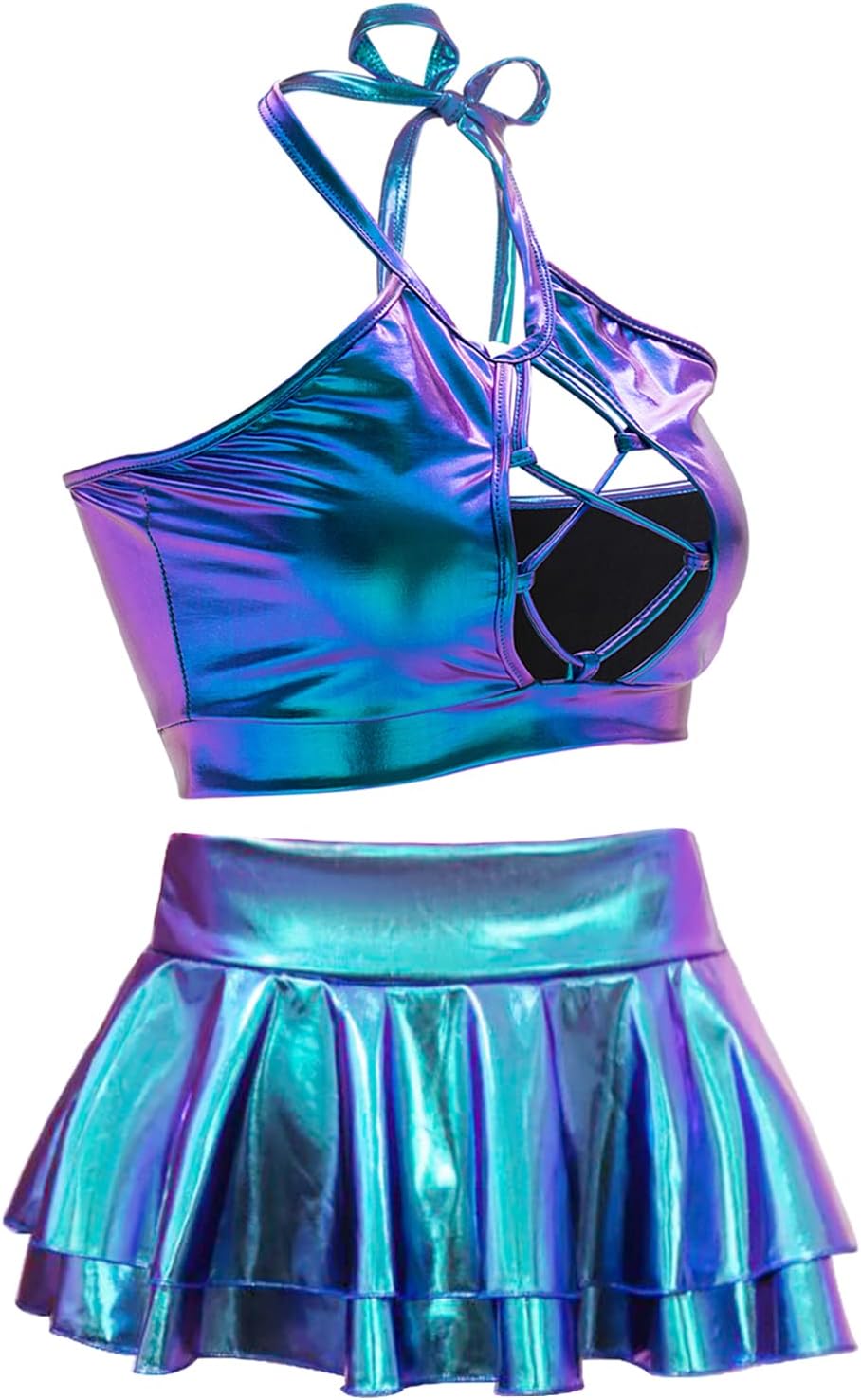 Women's Rave Outfit Sets For Women Festivals 2 Pcs Metallic Tops Skirt EDM Party Club Holographic Rave Outfits
