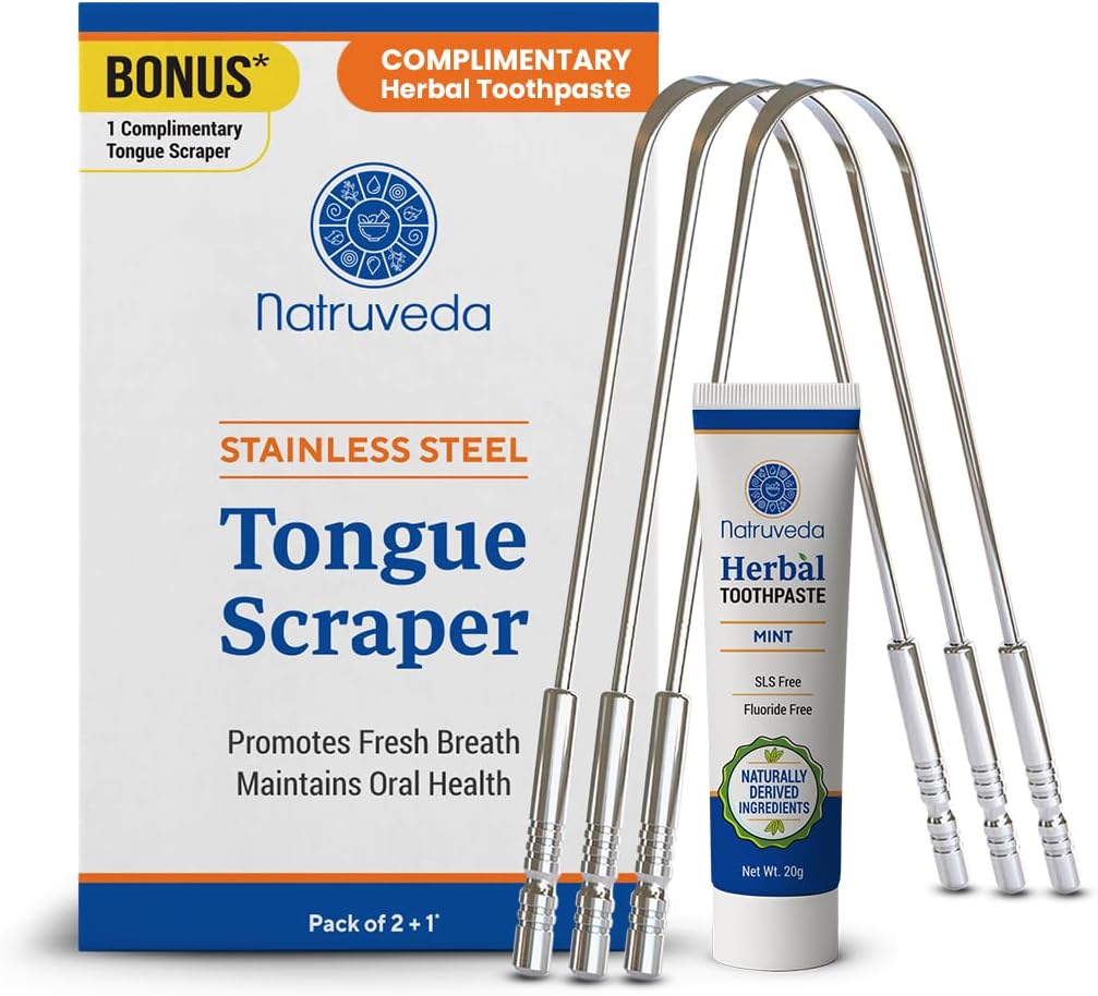 Tongue Scraper for Adults with Herbal Toothpaste, 100% Stainless Steel, Reduce Bad Breath, Tongue Scrubber, Easy to Use, Tongue Cleaner for Oral Care & Hygiene (Stainless Steel Tongue Scraper, 3 Pack)
