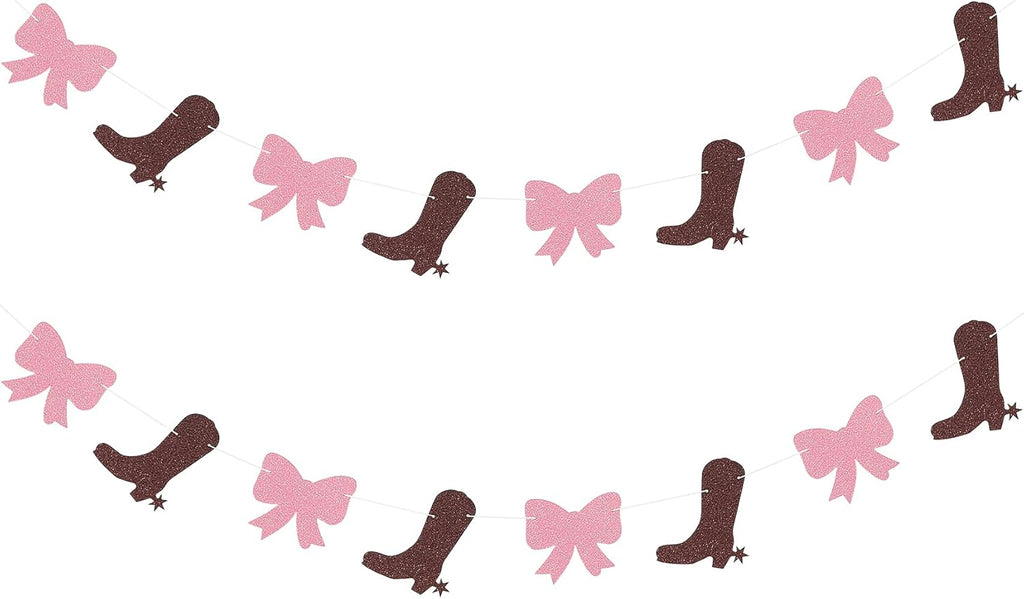 2 Strands Boots or Bows Gender Reveal Banner Paper Garland Dessert Bar Bunting Cow Girl Werstern Theme Party Backdrops Decorations - Brown and Pink