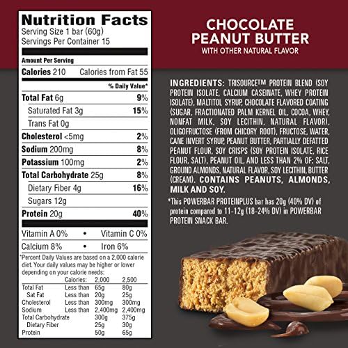 PowerBar Protein Plus Bar, Chocolate Peanut Butter, 2.12 Ounce (15 Count) (Packaging May Vary)
