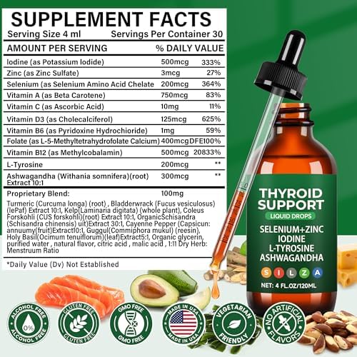 Thyroid Support Complex Liquid Drops for Women & Men - High Potency Iodine, Zinc, Selenium & Ashwagandha for Cortisol & Stress Relief - Natural Metabolism & Energy Booster - 4 oz (120ml)
