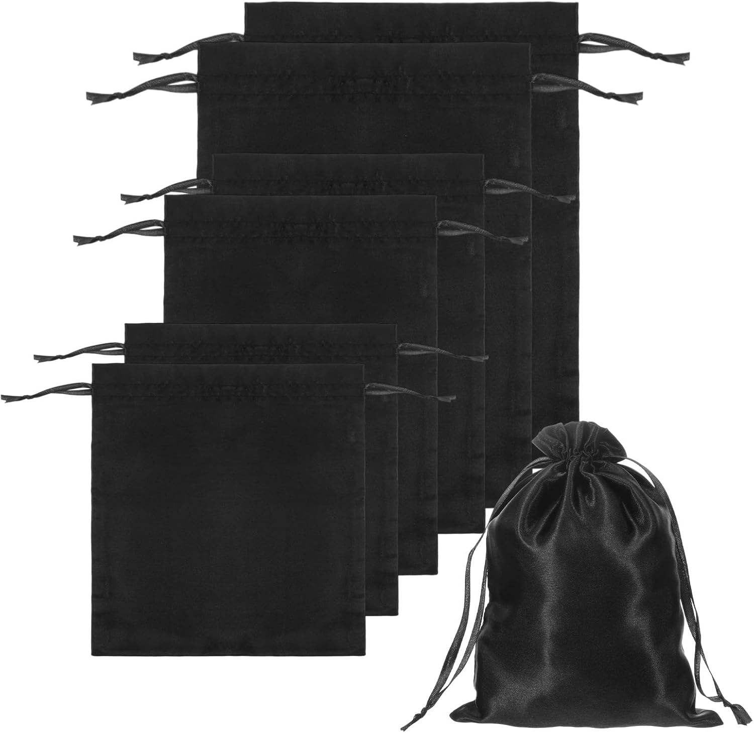 Toy Storage Bags, 6 PCS Quality Satin Silk Bags with Drawstring Microfiber Toy Organizer Bag Reusable Satin Drawstring Bag 3 Sizes Foldable Ditty Gift Pouches for Women Men Toys Wigs Cosmetic, Black
