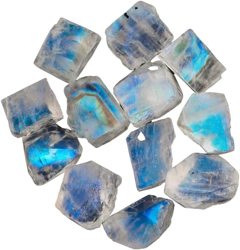 50carats Real Raw Blue Moonstone Gemstone, Rough Crystals, DIY Jewelry Making, Wire Wrapping, Chakra Healing Crystals, Loose Stones, Wholesale Lot, June Birthstone, Natural Rainbow Moonstone Pack