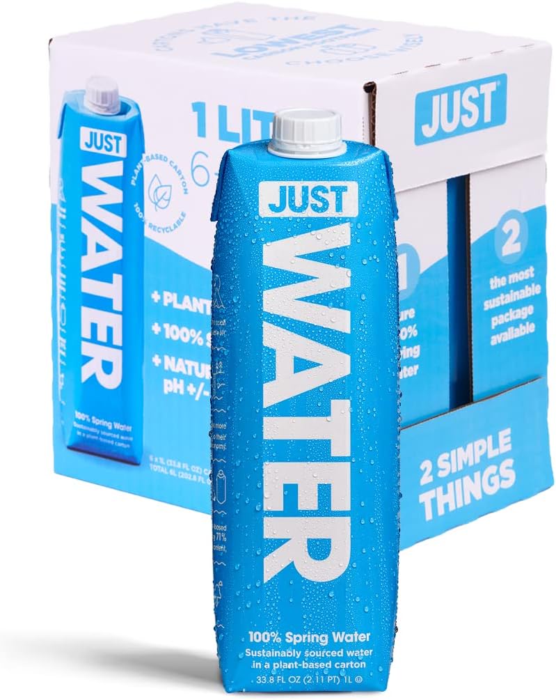 JUST Water - 100% Spring Water, Naturally Alkaline, 8.0 pH - Plant-Based, BPA Free, Sustainable and Fully Recyclable Boxed Water Bottle - Eco-Friendly - 1L / 33.8 Fl Oz (Pack of 6)